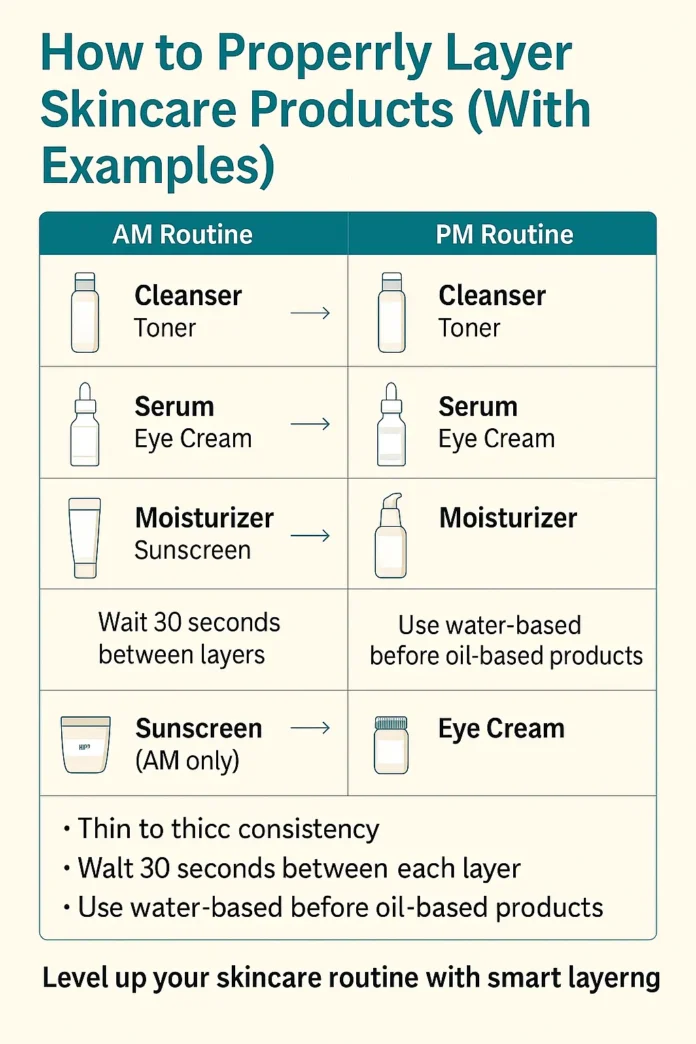 how-to-layer-skincare-products-2025 Skincare layering guide for AM and PM routines with correct product order